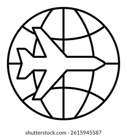 Airplane on world globe thin line icon, avia shipping concept. Vector graphics. Plane delivery sign on white background, linear style for mobile or design