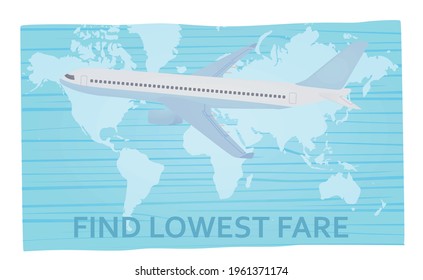 Airplane on world's map. Lowest fare text. vector