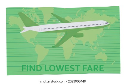 Flugzeug auf der Weltkarte. Text mit dem niedrigsten Tarif. Vektorgrafik