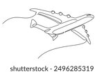 Airplane in one continuous line drawing. One line poster. Outline airplane. For interior design and presentations. Vector illustration.