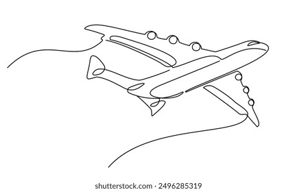 Airplane in one continuous line drawing. One line poster. Outline airplane. For interior design and presentations. Vector illustration.