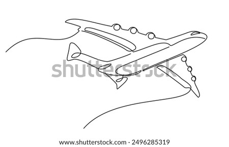 Airplane in one continuous line drawing. One line poster. Outline airplane. For interior design and presentations. Vector illustration.