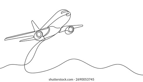 Avión en estilo de arte de una línea. Dibujo de avión con trazo negro editable sobre fondo blanco. Ilustración vectorial.