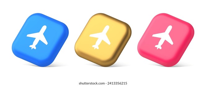 Airplane online check in button digital service passenger registration 3d realistic blue gold and pink icons. Airline transportation flight vehicle airport international communicate