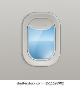 Airplane open window or aircrafts porthole with view of the sky and sea 3d realistic vector illustration. Design element or background for tourism and travel topic.