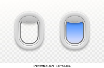 Airplane open window. Plastic and glass plane windows, empty and with blue sky view, fuselage porthole mockup for airline, vector realistic aircraft illuminator isolated on transparent background
