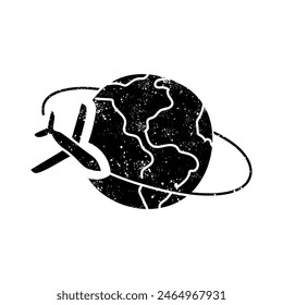 Airplane orbiting earth black hand drawn icon in grunge look