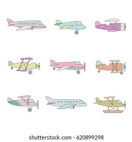 Airplane outline colored icon set. Clean and simple design.