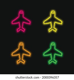 Airplane Outline Pointing Up four color glowing neon vector icon