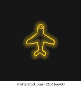 Airplane Outline Pointing Up yellow glowing neon icon