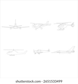 Airplane Outline Vector Set – Line Drawing of Various Aircraft Types