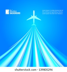 Airplane over blue background. Vector illustration, contains transparencies, gradients and effects.