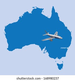 airplane over blue map of Australia, concept of flight to Sydney