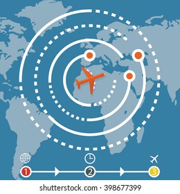 Airplane over blue map with radar tracker. Vector Illustration. Flat Design.