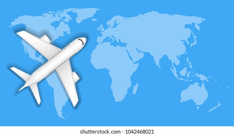 airplane over blue world map travel concept