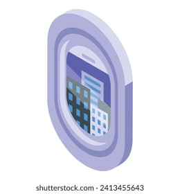 Airplane over city icon isometric vector. Interior cabin window. Sea frame jet