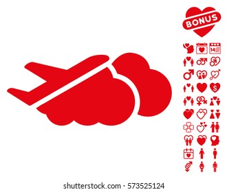 Airplane Over Clouds pictograph with bonus love icon set. Vector illustration style is flat iconic red symbols on white background.