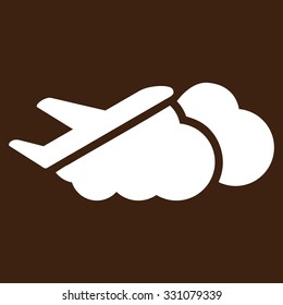 Airplane Over Clouds vector icon. Style is flat white symbol, rounded angles, brown background.