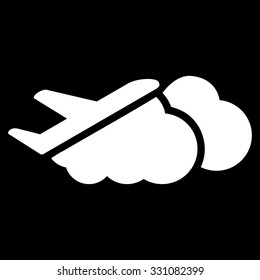 Airplane Over Clouds vector icon. Style is flat white symbol, rounded angles, black background.