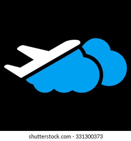 Airplane Over Clouds vector icon. Style is flat bicolor blue and white symbol, rounded angles, black background.