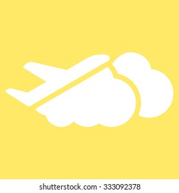 Airplane Over Clouds vector icon. Style is flat white symbol, rounded angles, yellow background.