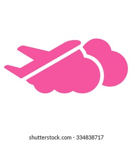 Airplane Over Clouds vector icon. Style is flat pink symbol, rounded angles, white background.