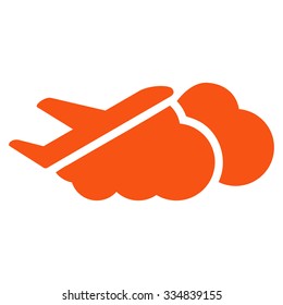 Airplane Over Clouds vector icon. Style is flat orange symbol, rounded angles, white background.