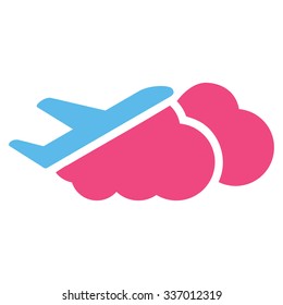 Airplane Over Clouds vector icon. Style is flat bicolor pink and blue symbol, rounded angles, white background.