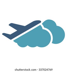 Airplane Over Clouds vector icon. Style is flat bicolor cyan and blue symbol, rounded angles, white background.