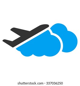 Airplane Over Clouds vector icon. Style is flat bicolor blue and gray symbol, rounded angles, white background.
