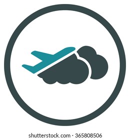 Airplane Over Clouds vector icon. Style is bicolor flat circled symbol, soft blue colors, rounded angles, white background.