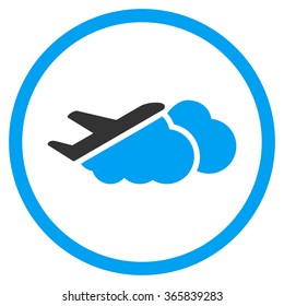 Airplane Over Clouds vector icon. Style is bicolor flat circled symbol, blue and gray colors, rounded angles, white background.