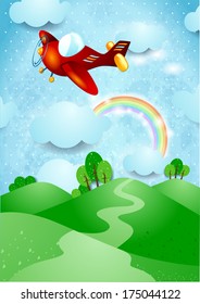 Airplane over the hills, vector
