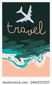 Airplane over ocean waves. Top view over the sea. Coastline. Travel concept. EPS 10.