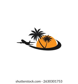 Airplane with palm tree element and shape icon for travel agen logo.Summer travel logo 
