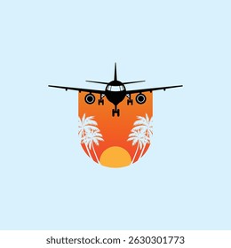 Airplane with palm tree element and shape icon for travel agen logo.Summer travel logo 
