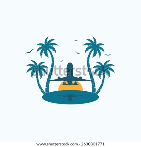Airplane with palm tree element and shape icon for travel agen logo.Summer travel logo 
