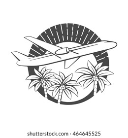 Airplane and palm tree on sun with ray background.  vector graphic art illustration.