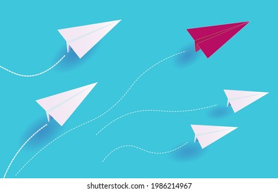 Airplane paper craft Paper Art illustration design for wallpaper, background, Presentation, Red aircraft dot line on the sky