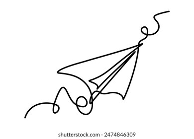Airplane Paper Line Art.Continuous Line Vector art background.Minimalist Abstract doodle email, mail plane in the air, dream travel concept. Vacation.Flight.Weightlessness.Business trip, EPS 10