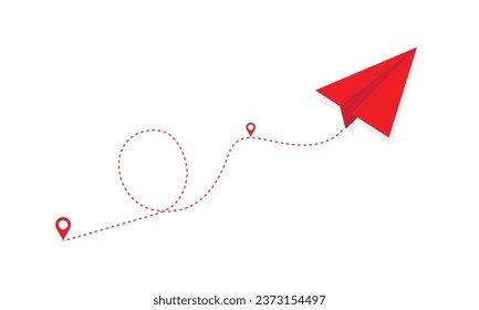 airplane Paper route in the dotted line shape vector illustration. Travel, route symbol of hand drawn paper plane. Isolated, Outline, Hand drawn airplane. paper airplane flying icon with Red color.