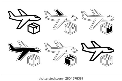 Airplane and parcel icons in various black and white styles isolated on transparent background, Vector