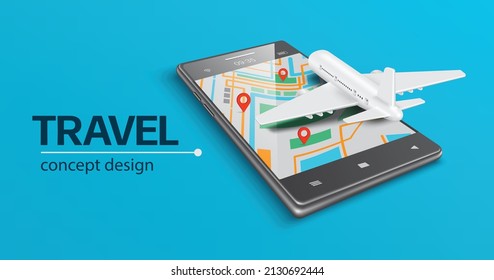 Airplane Is Parked On A Black Smartphone With A Map To Pin The Destination For Media Advertising Air Transportation And Travel Tourist,vector 3d On Blue Background