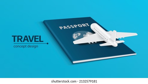 The airplane is parked on a dark blue passport and all laid on a blue background for making advertising media about travel,vector 3d virtual for design