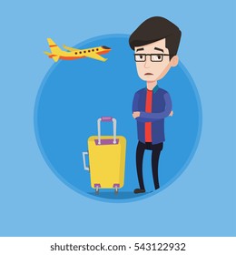 Airplane passenger frightened by future flight. Man suffering from fear of flying. Terrified passenger waiting for a flight. Vector flat design illustration in the circle isolated on background.