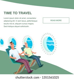 Airplane Passenger Inside Cabin Wear Headphone. Traveler Point on Porthole View. Man Sleep, Listen Music at Seat. Time to Air Travel. Comfortable Journey. Flat Cartoon Vector Illustration