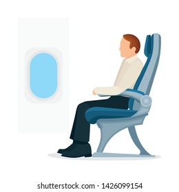 Airplane Passenger. Male In Plane Seat. Aircraft Interior.