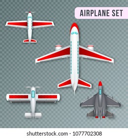 Airplane passenger propeller and jet planes and military aircraft realistic top view images collection transparent vector illustration 