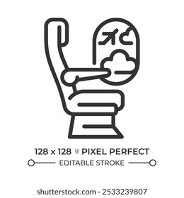 Airplane passenger seat linear icon. In-flight comfort. Seating arrangements. Travel experience. Window seat. Thin line illustration. Contour symbol. Vector outline drawing. Editable stroke