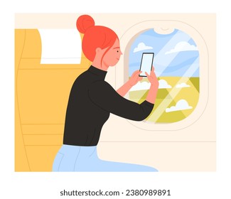 Airplane passenger taking photo on window. Airplane seat with window nature view cartoon vector illustration
